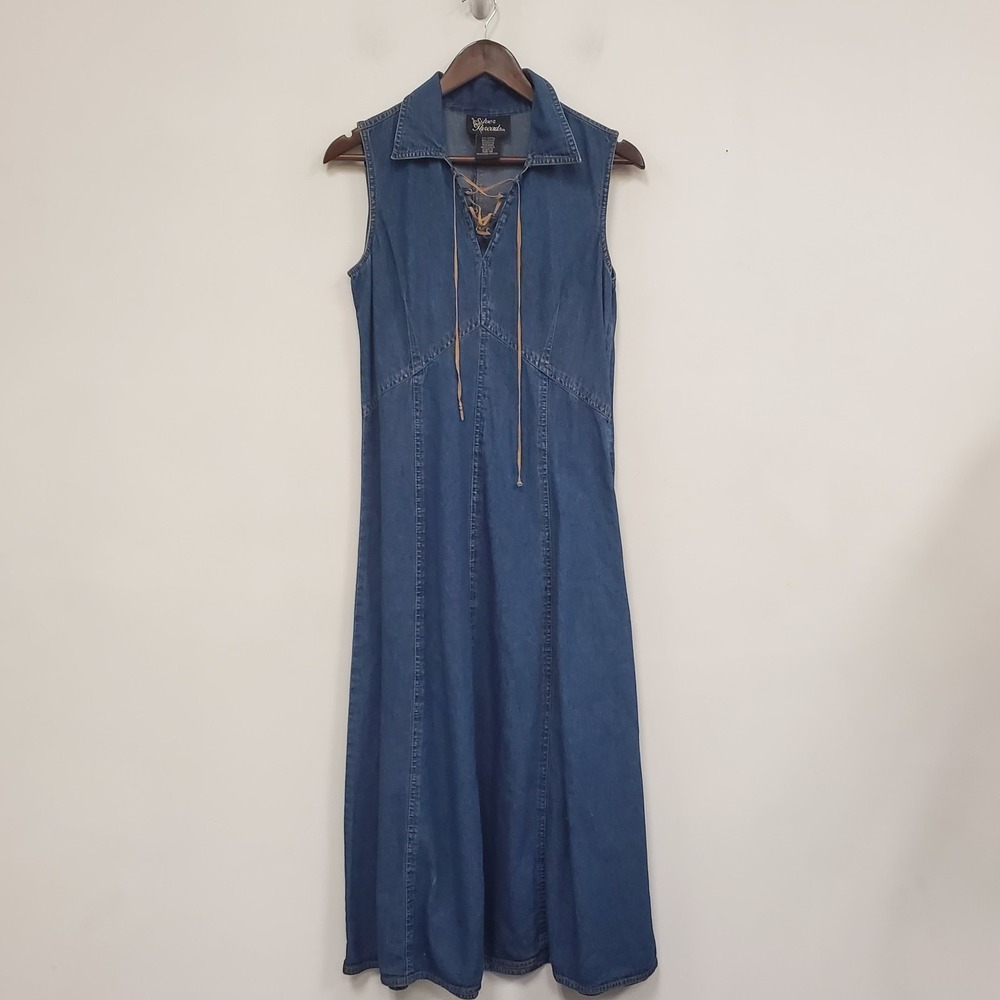 Silver Threads Vintage Country Cowgirl Denim Maxi Dress Size 6 Blue Sleeveless‎
